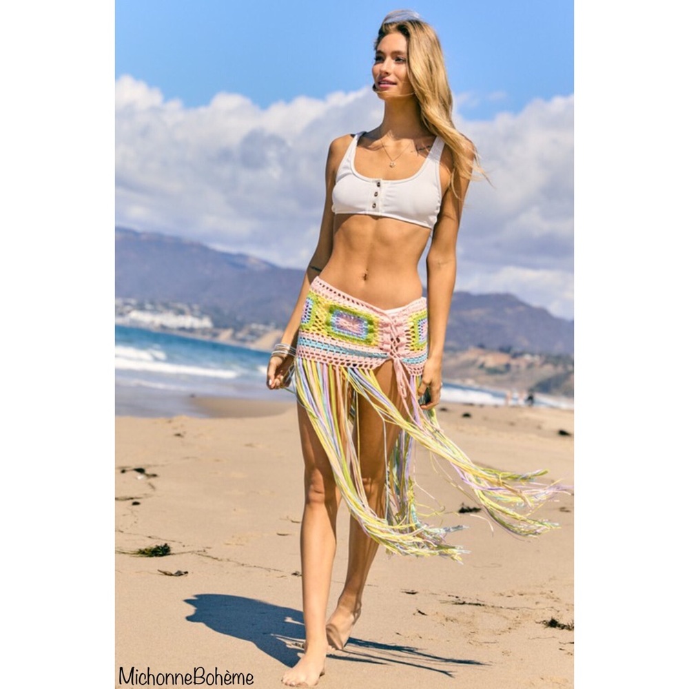 Crochet Knit Fringed Beach Coverup